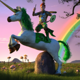 a leprechaun riding a unicorn at the stone hedge in Scotland